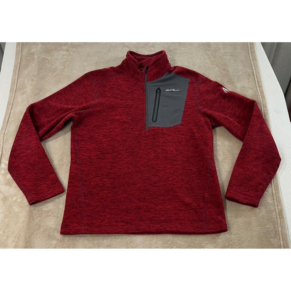 Eddie Bauer First Ascent Fleece Pullover Jacket Mens M Red Gray Quarter Zip EUC